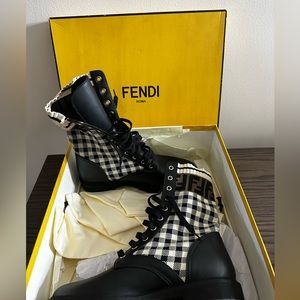 Calfskin Stretch Fabric FF Vichy Rockoko Biker Boots 39